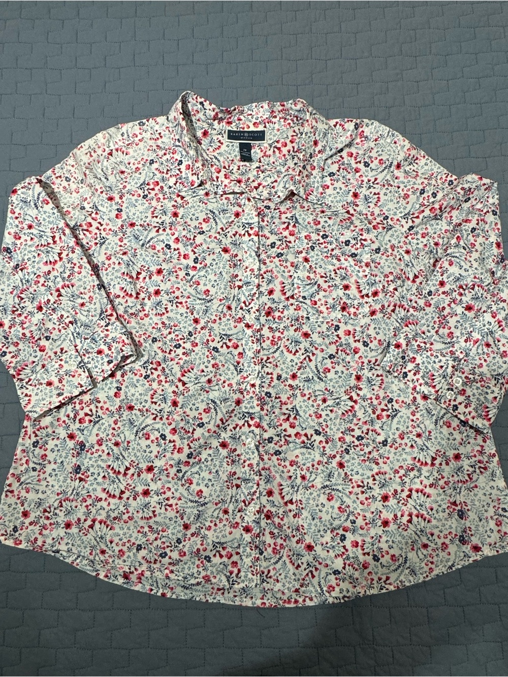 Karen Scott White Button-Down Shirt with Red and Blue Floral Print